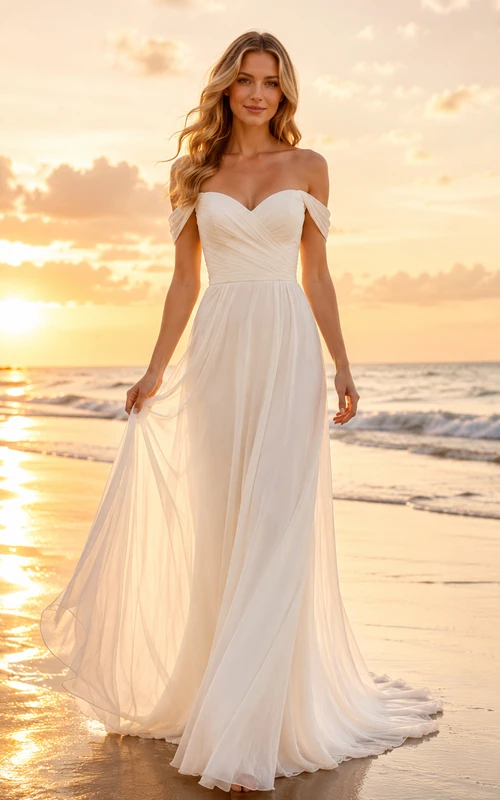 Off Shoulder Sweetheart Chiffon Beach Bridal A Line Gown