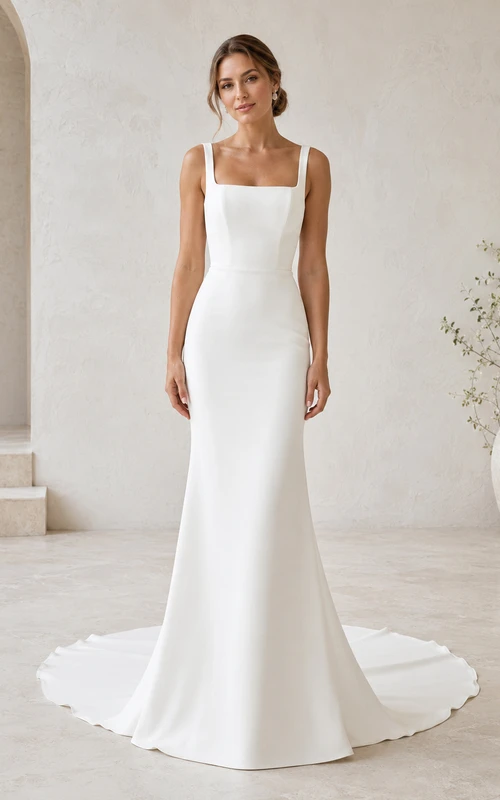 Minimalist Satin Wedding Dress Mermaid Square Neck Sleeveless Court Train Bridal Gown