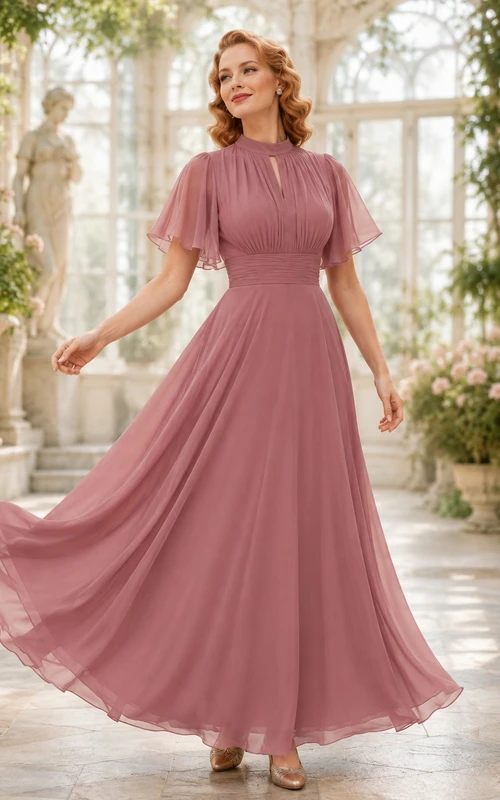 Mauve Vintage Chiffon High-Neck Short-Sleeve A-Line Formal Dress