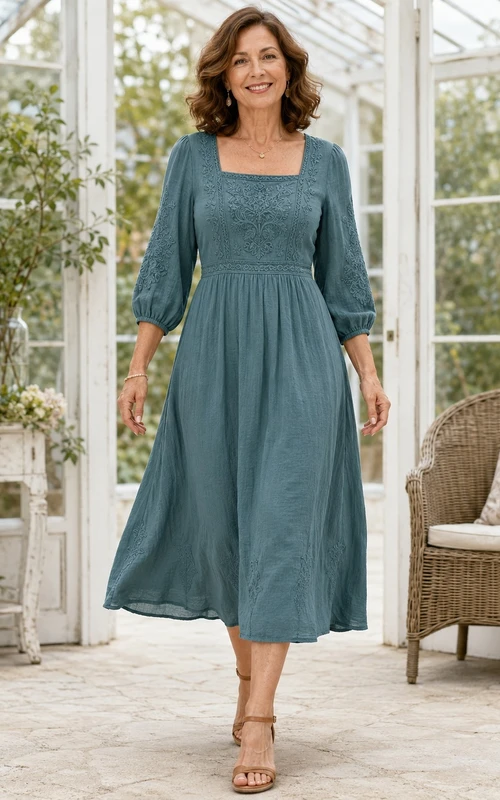 Lässiges Boho-Kleid in Türkis mit eckigem Ausschnitt, Dreiviertelärmeln, A-Linie und Teelänge