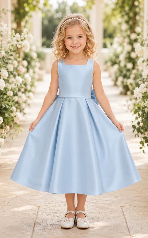 Robe de demoiselle d'honneur bleu ciel en satin, coupe trapèze, sans manches, avec nœud et jupe plissée.