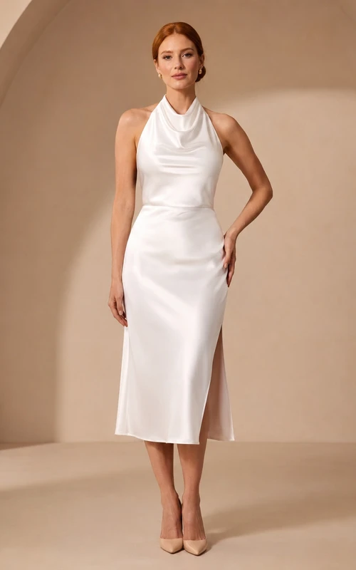 Elegantes weißes, elegantes Cocktailkleid aus Satin mit Wasserfallausschnitt und Neckholder in Teelänge