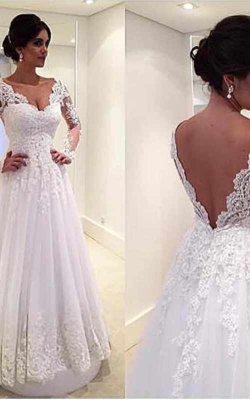 Nuevo vestido de novia de manga larga con encaje y tul.
