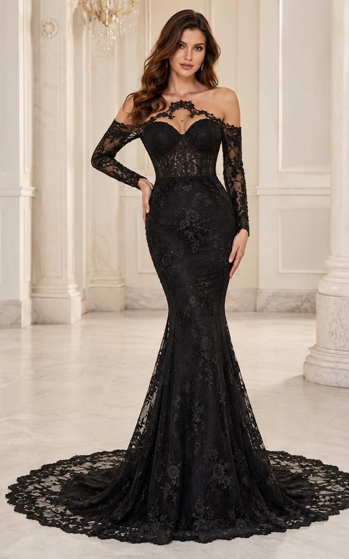 Black Off-the-shoulder Long Sleeve Lace Mermaid Cathedral Train Formal Gown
