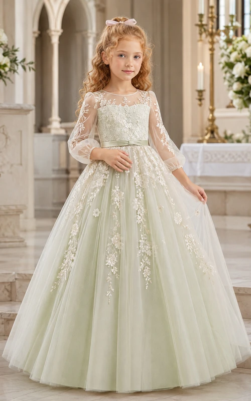 A-Line Flowergirl Lace Tulle Floor-Length Long Sleeve Sage Church Wedding Dress with Floral Appliques