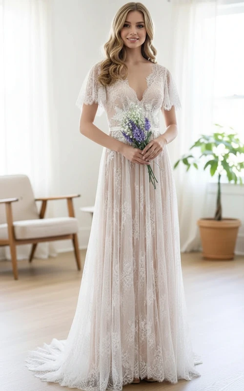 Vestido de novia bohemio de encaje con corte en A, mangas con volantes y escote en V en la espalda.