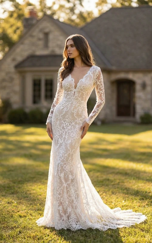 Fit and Flare Lace Wedding Dress Long Sleeve Deep V-Neck Illusion Bridal Gown