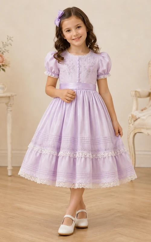 Vintage Lavender Jewel Neck Puff Sleeve Embroidered Satin A-Line Tea-Length Flower Girl Dress