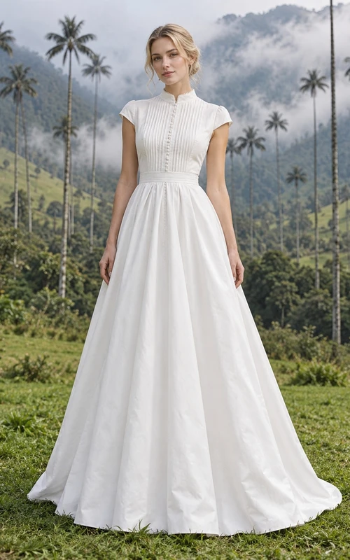 Vestido de novia de popelina de algodón con cuello alto, mangas cortas, pliegues y falda en línea A.