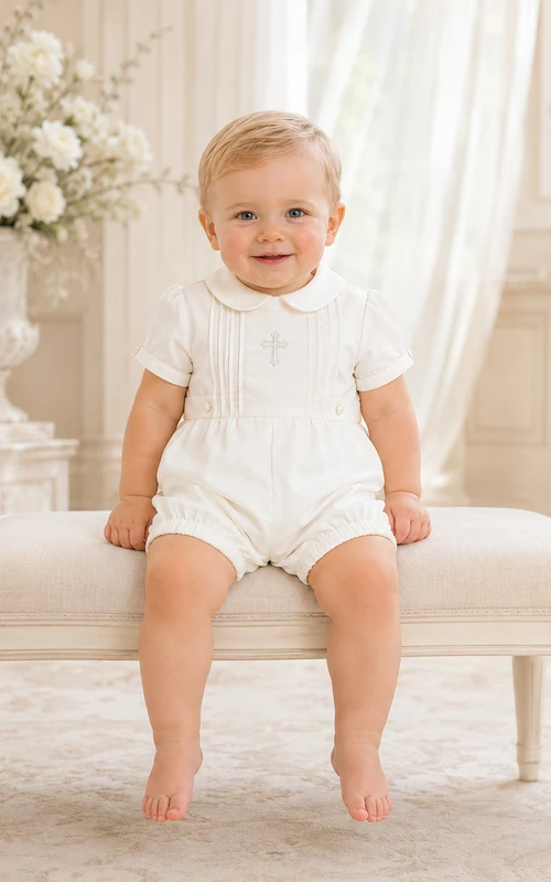 White Cross Embroidered Long Sleeve Christening Bubble Romper for Baby Boy