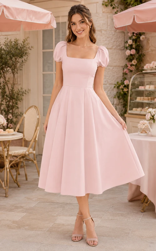 Light pink square neck puff sleeve tea length A-line dress