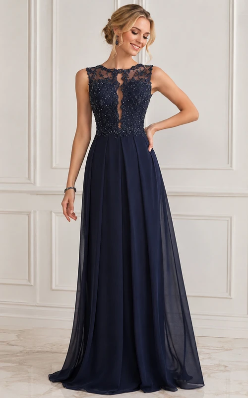 Elegant Beadings Lace Appliques Evening Dress A-line Floor-length