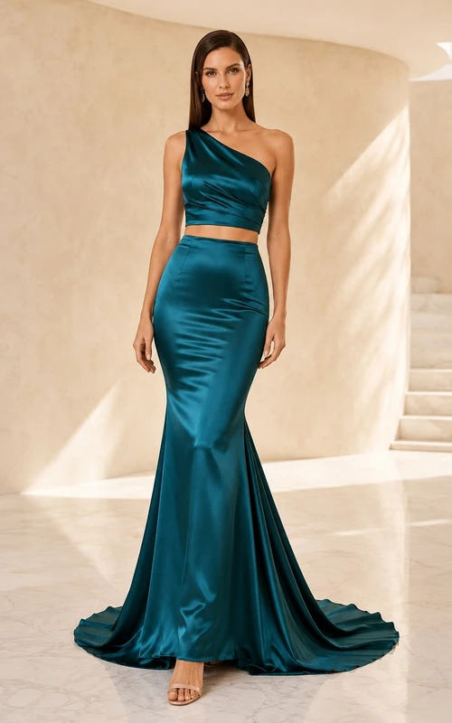 Zweiteiliges dunkelgrünes, einseitig schulterfreies Brautkleid aus Satin im Meerjungfrauenstil mit Schleppe