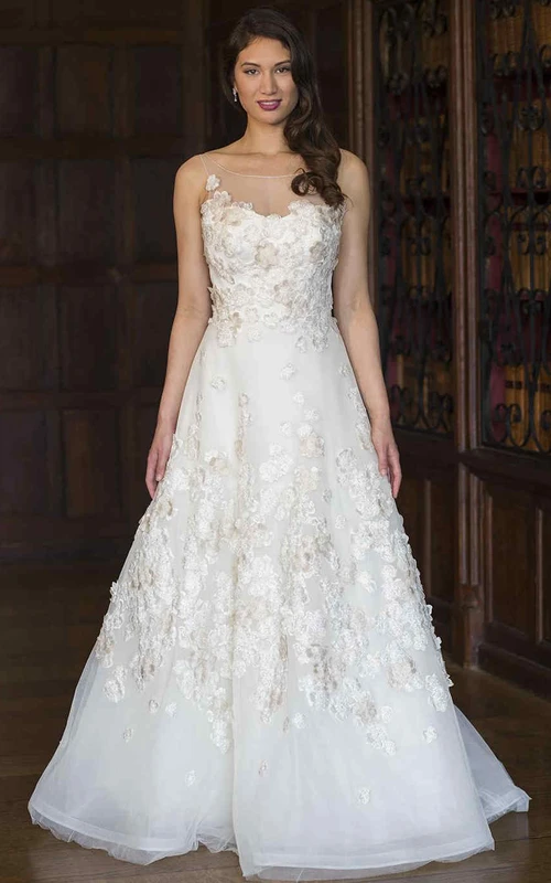 A-Linien-Brautkleid aus Organza mit Rundhalsausschnitt, bodenlang, ärmellos und mit floralen Applikationen