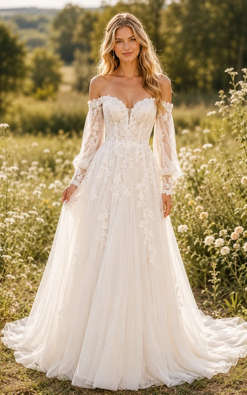 Robe de mariée en dentelle à épaules dénudées, manches bouffantes, dos nu en V plongeant, décolleté en V.