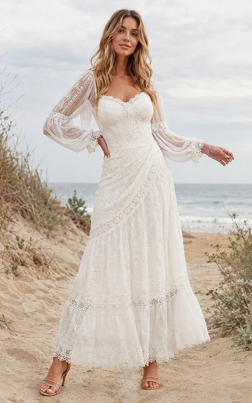 Bohemian White Ankle-Length Off-Shoulder Poet Sleeve Lace Dress Destination Celebration