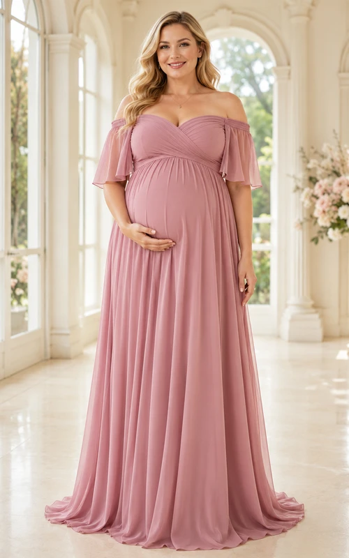 Dusty Rose Plus Size Maternity Off-Shoulder Flutter Sleeve Chiffon Formal Gown