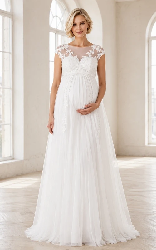 Vestido de novia premamá con mangas cortas de encaje y escote en V