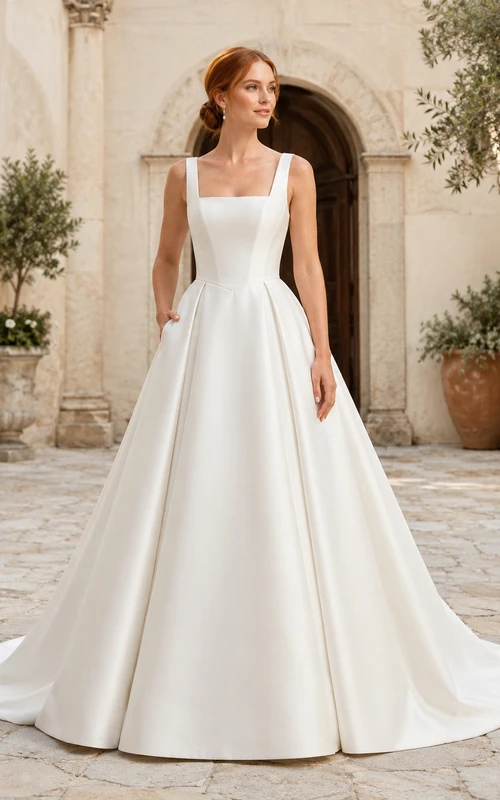 Vestido de novia de satén, estilo princesa, con escote barco, manga corta y cola de capilla.