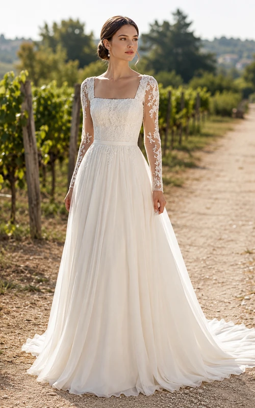 Robe de mariée bohème à col carré, manches longues illusion en dentelle, coupe trapèze, traîne en mousseline, manches longues en dentelle, col carré.