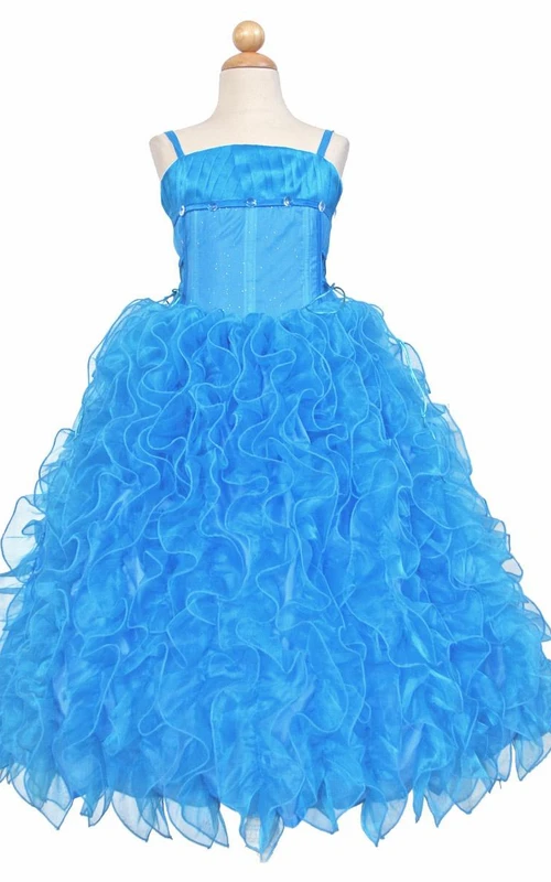 Spaghetti-Blumenmädchenkleid, bodenlang, gerüscht, gestuft, aus Spitze und Organza