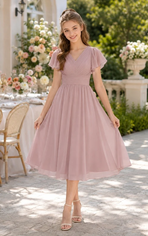 Brautjungfernkleid in Altrosa, A-Linie, V-Ausschnitt, kurze Blütenblattärmel, Teelänge, lässig