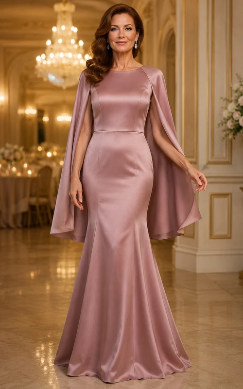 Meerjungfrauen-Mutterkleid aus Satin in Altrosa mit Cape-Ärmeln