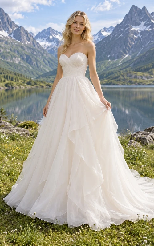 Vestido de novia romántico sin tirantes de organza con escote corazón, corte en A, corpiño fruncido y volantes en cascada.