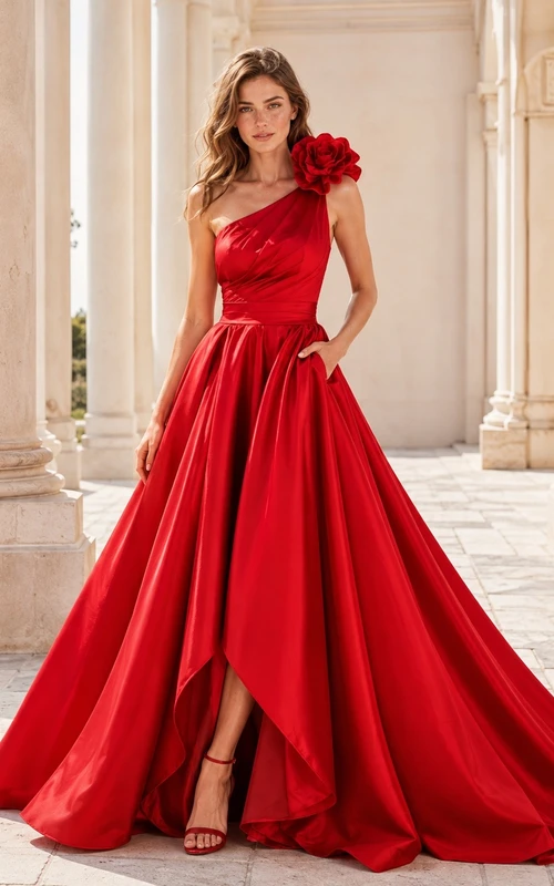 Red One Shoulder Satin Flower Ball Gown Classic