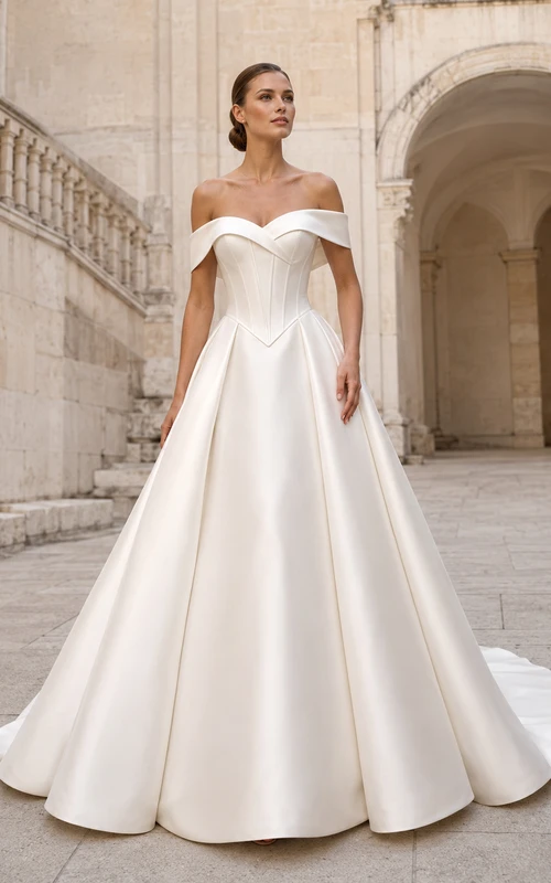 Robe de mariée minimaliste en satin, robe de bal à épaules dénudées et traîne.