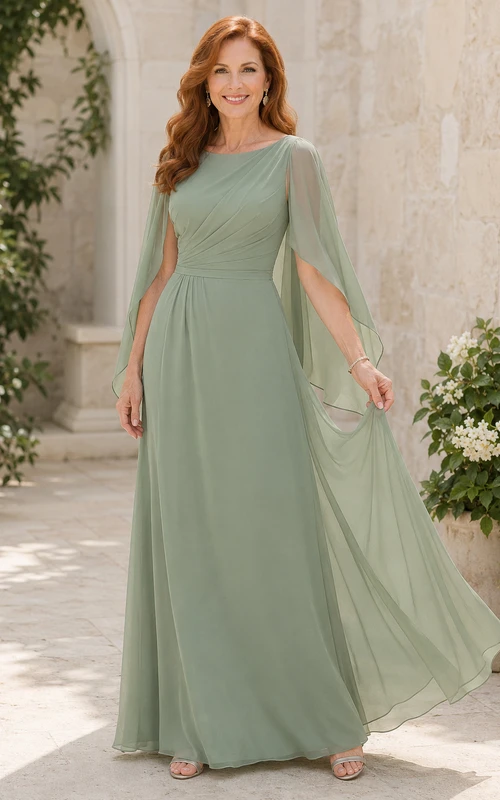 MOB Kleid aus salbeifarbenem Chiffon, A-Linie, lange Ärmel, One-Shoulder-Schnitt, bodenlang, Cape-Ärmel-Detail