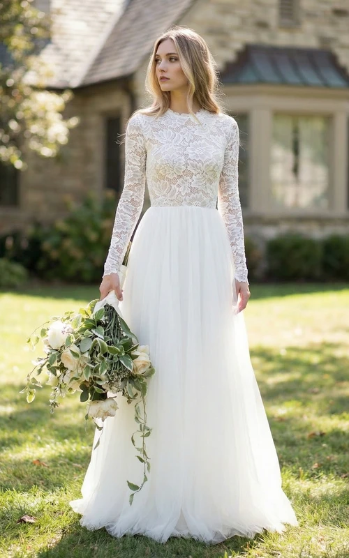 Robe longue en dentelle à manches longues et coupe trapèze, dos nu