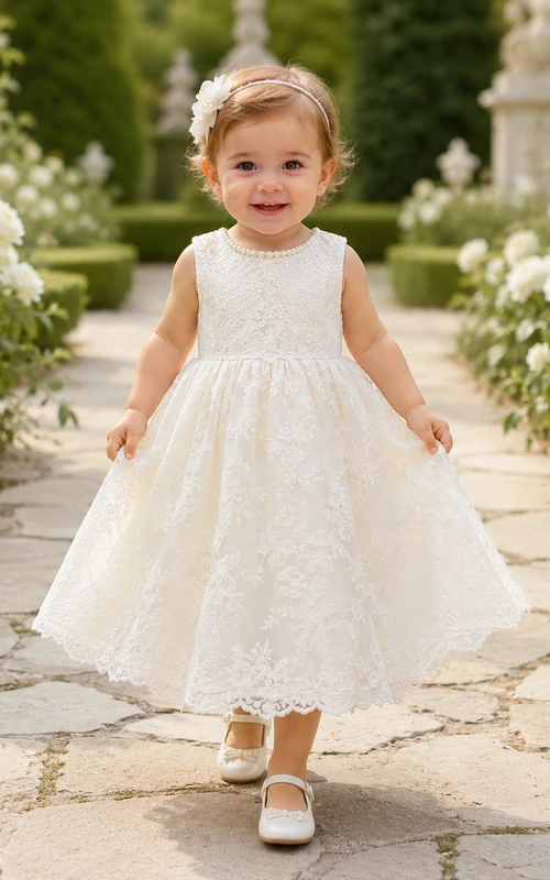 Sleeveless Baptism Dress A-Line Lace Tulle Jewel Neck Scalloped Hem