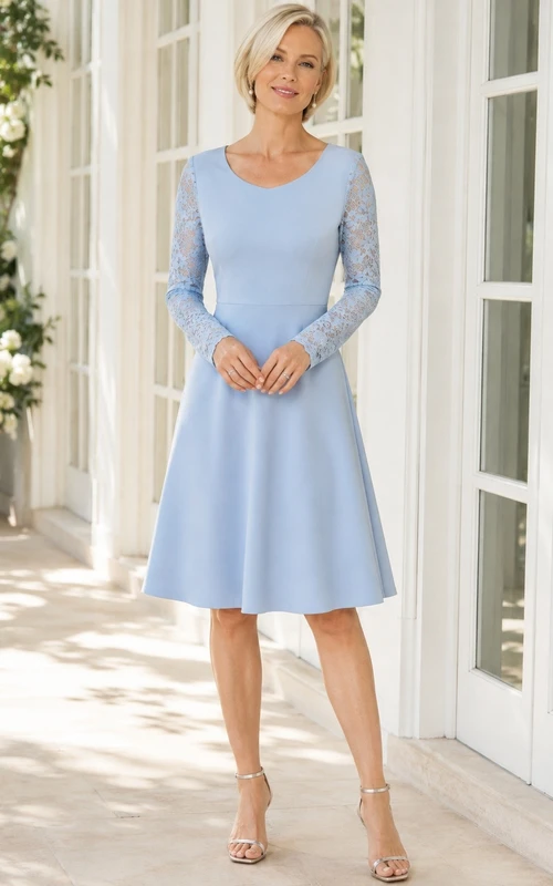 Sky Blue Scoop Neck Long Sleeve Jersey A Line Midi Dress