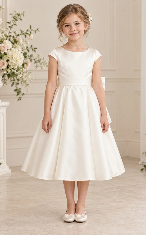 Simple Tea-length Ivory Satin Jewel Cap-sleeve Sashed Gathered Bow-back A-line Flower Girl Dress