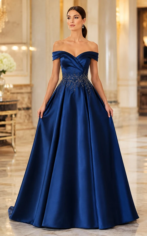 Royal Blue Off-the-Shoulder Satin Ball Gown with Embellished Bodice