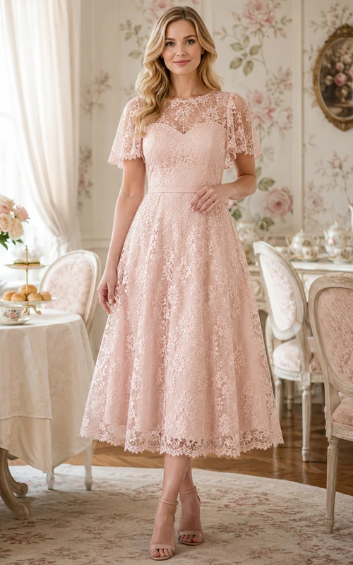 Blushing Pink Bridal Luncheon Short Sleeve Lace Tea Length A Line Dress