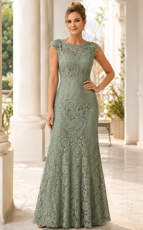 Elegante vestido de noche formal largo hasta el suelo, de encaje completo, con escote barco, mangas cortas y corte sirena, color celadón.