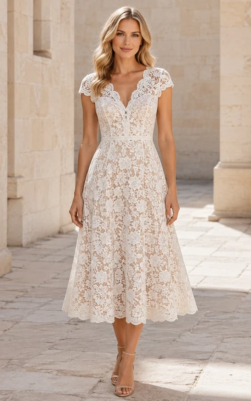 Robe d'invitée blanche en dentelle, col en V, manches courtes, coupe trapèze, longueur thé