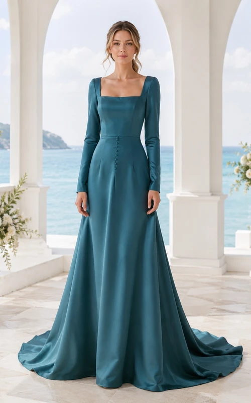 Langärmeliges, stahlblaues Brautkleid aus Satin mit eckigem Ausschnitt, A-Linie und Kapellenschleppe, aus Satin, mit stahlblauen Ärmeln und Kapellenschleppe