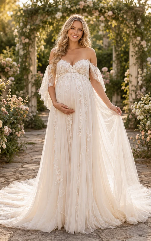 Maternity Wedding Dress Off Shoulder Lace Tulle Garden Gown with Flutter Sleeves and Court Train