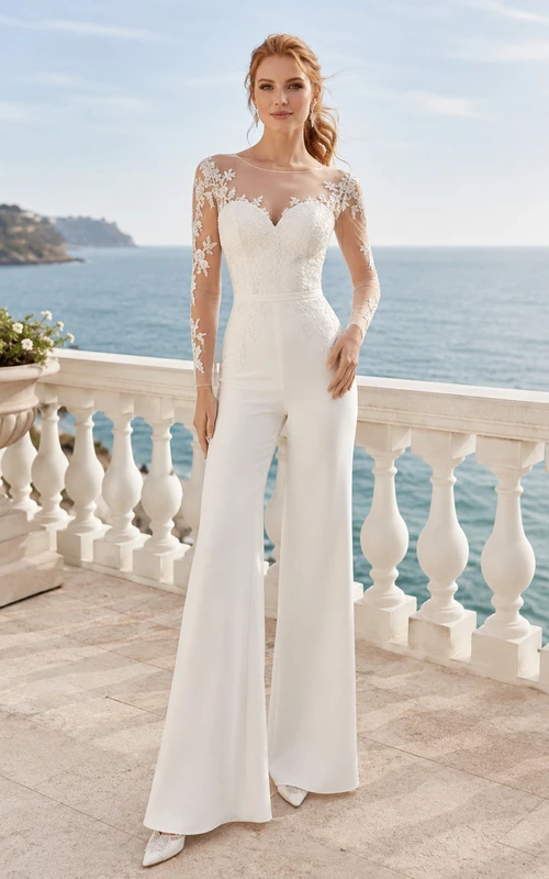 Combinaison de mariée blanche à manches longues en dentelle florale