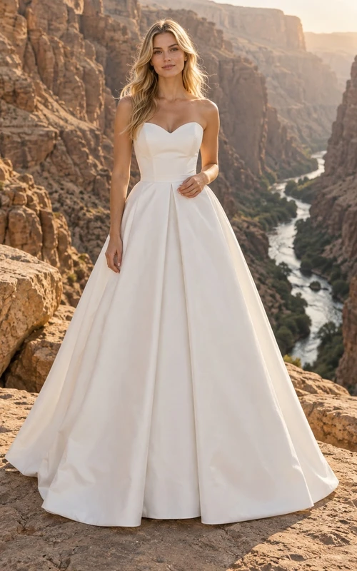 Vestido de novia sencillo, sin tirantes, de satén, corte en A, con cintura plisada y largo hasta el suelo.