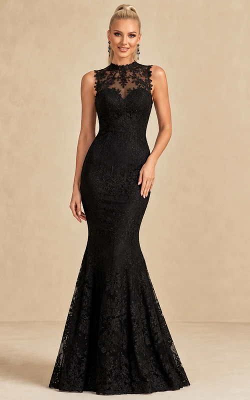 Vestido de noche formal de sirena, largo hasta el suelo, negro, sin mangas, con cuello alto y encaje ilusión