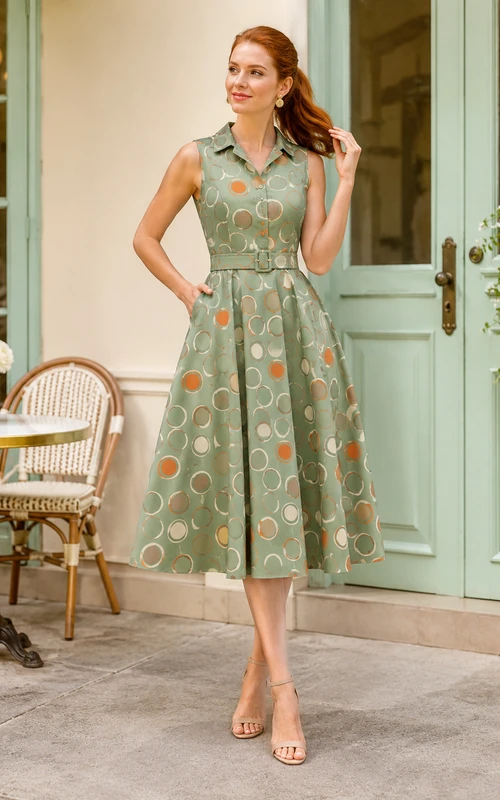 Sage Circle Print Shirt Collar Sleeveless Midi Dress