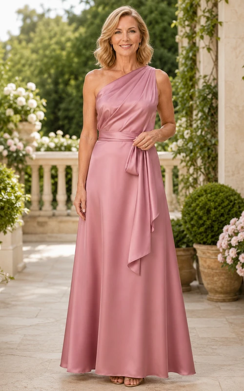 Elegantes, bodenlanges A-Linien-Kleid in Altrosa aus Satin für die Mutter der Braut mit asymmetrischem, drapiertem Oberteil und langer Taillenschärpe.