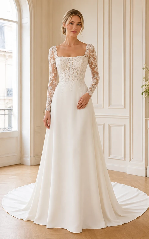 Robe de mariée en satin, coupe trapèze, col carré, manches longues illusion en dentelle, manches en dentelle, style chapelle