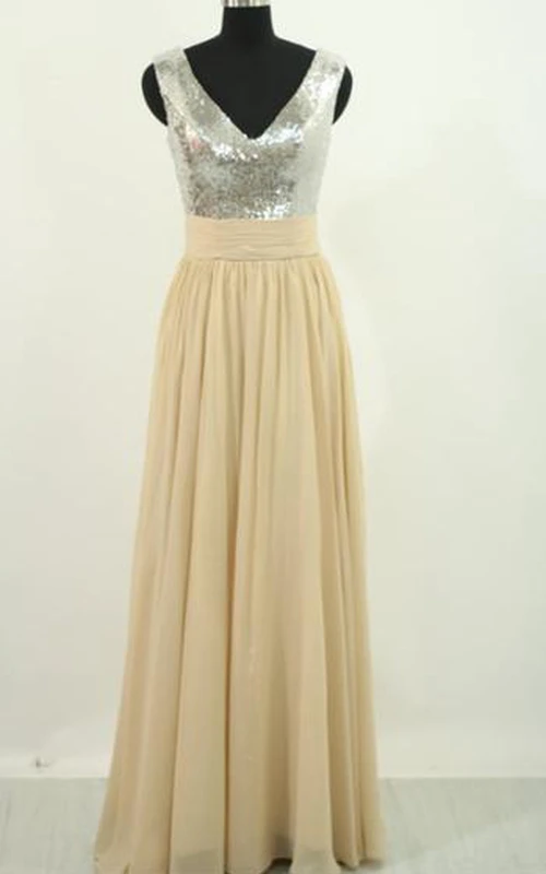 A-Line Chiffon Sequins V-neck Sleeveless Zipper Dress