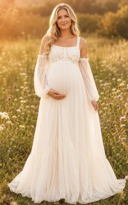 Vestido de novia premamá con escote cuadrado, mangas acampanadas desmontables y corte en A, estilo campestre.