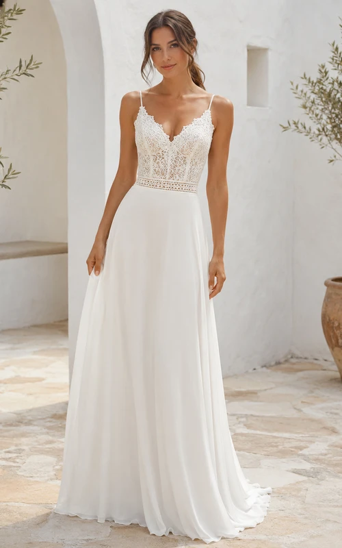 Robe de mariée bohème à bretelles spaghetti, col en V, coupe empire, dentelle, mousseline, jupe trapèze, traîne et dos nu